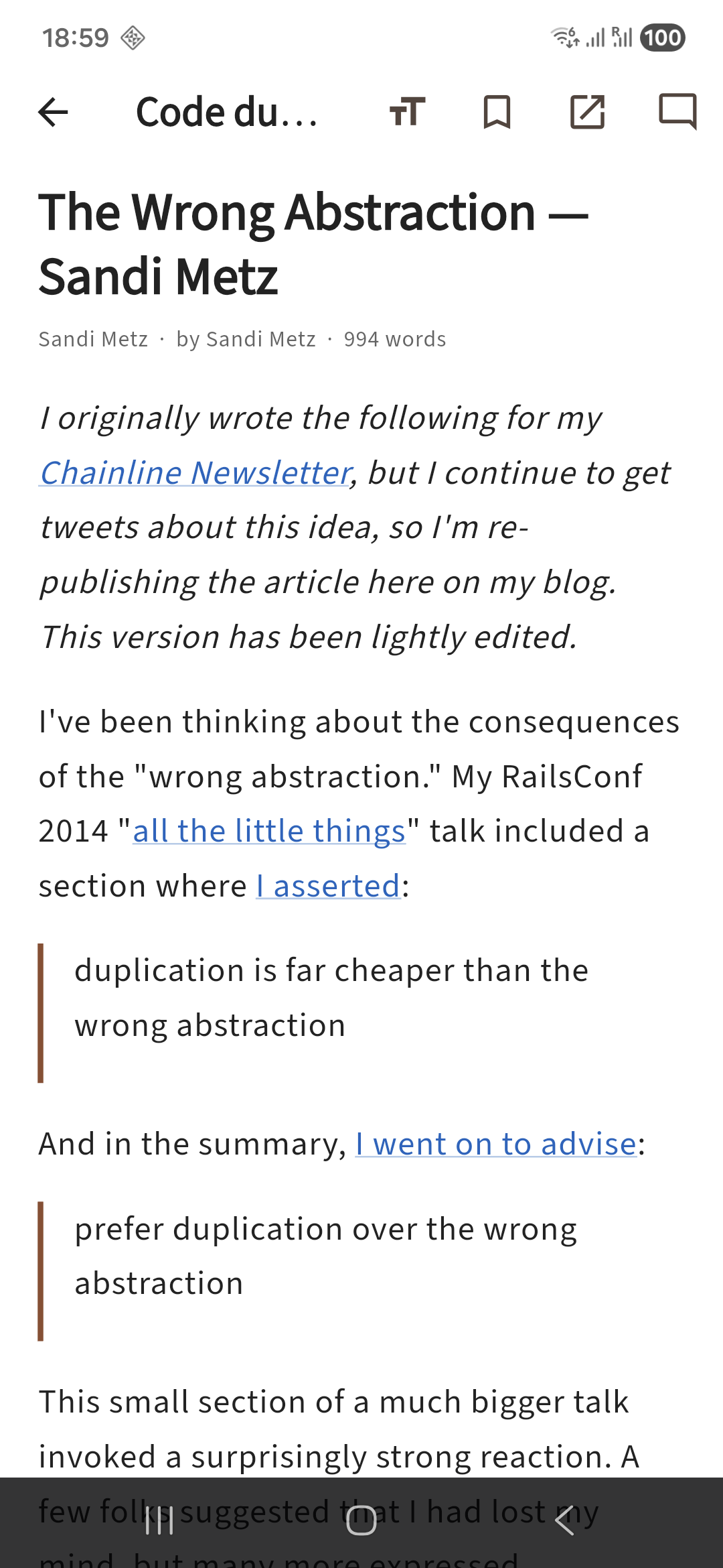 The reader view rendering a cleaned article in one consistent typographic style