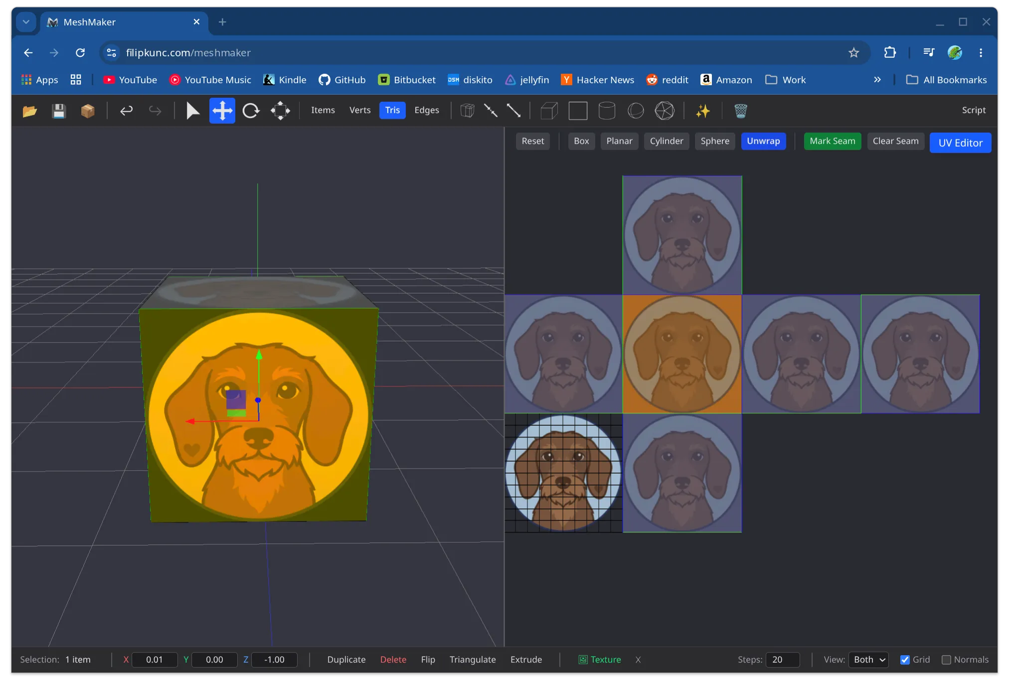 The WebGL2 port running in the browser, a textured cube box-unwrapped in the UV editor.